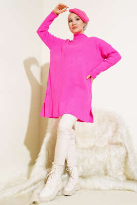 Fitilli Kol Düğme Detaylı Triko Tunik Fuşya - Triko Tunik