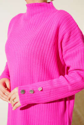 Fitilli Kol Düğme Detaylı Triko Tunik Fuşya - Triko Tunik