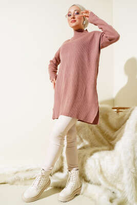 Fitilli Kol Düğme Detaylı Triko Tunik Gül Kurusu - Triko Tunik