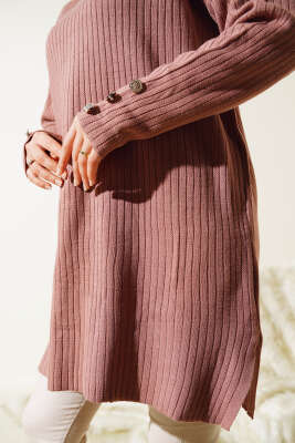 Fitilli Kol Düğme Detaylı Triko Tunik Gül Kurusu - Triko Tunik