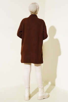 Fitilli Kol Düğme Detaylı Triko Tunik Kahve - Triko Tunik