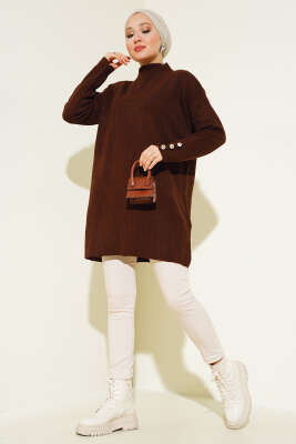 Fitilli Kol Düğme Detaylı Triko Tunik Kahve - Triko Tunik