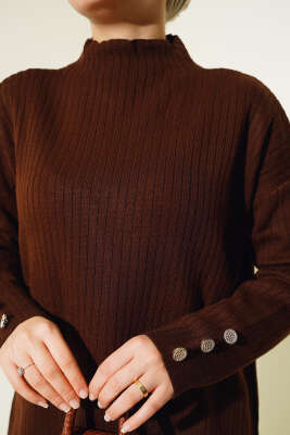 Fitilli Kol Düğme Detaylı Triko Tunik Kahve - Triko Tunik