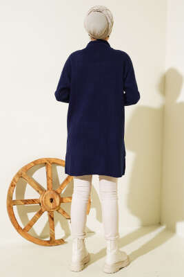 Fitilli Kol Düğme Detaylı Triko Tunik Lacivert - Triko Tunik