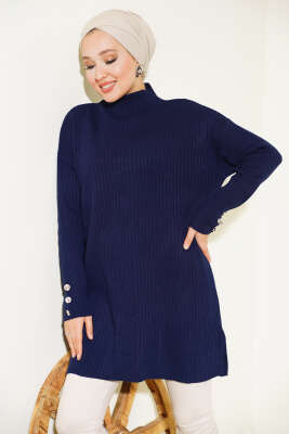 Fitilli Kol Düğme Detaylı Triko Tunik Lacivert - Triko Tunik