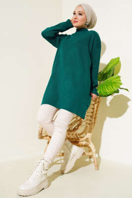 Fitilli Kol Düğme Detaylı Triko Tunik Nefti - Triko Tunik