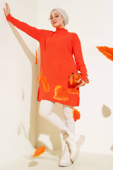 Fitilli Kol Düğme Detaylı Triko Tunik Oranj - Spor Tunik