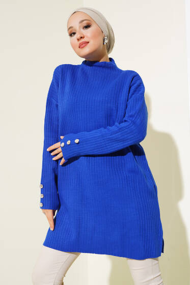 Fitilli Kol Düğme Detaylı Triko Tunik Saks - Spor Tunik