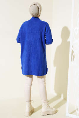 Fitilli Kol Düğme Detaylı Triko Tunik Saks - Triko Tunik