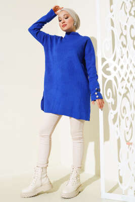 Fitilli Kol Düğme Detaylı Triko Tunik Saks - Triko Tunik