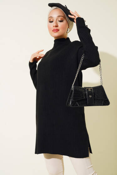 Fitilli Kol Düğme Detaylı Triko Tunik Siyah - Spor Tunik