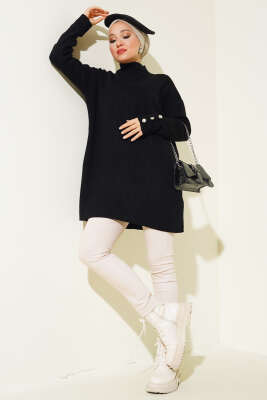 Fitilli Kol Düğme Detaylı Triko Tunik Siyah - Triko Tunik