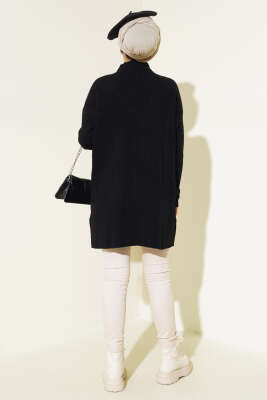 Fitilli Kol Düğme Detaylı Triko Tunik Siyah - Triko Tunik