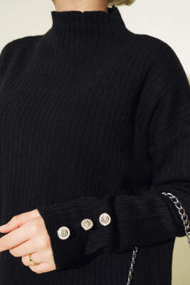 Fitilli Kol Düğme Detaylı Triko Tunik Siyah - Triko Tunik