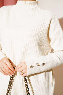 Fitilli Kol Düğme Detaylı Triko Tunik Taş - Triko Tunik