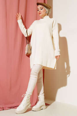 Fitilli Kol Düğme Detaylı Triko Tunik Taş - Triko Tunik