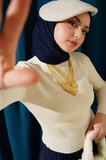 Fitilli Kol Düğmeli Triko Kazak Bej - Triko Kazak