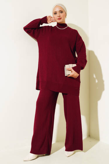 Fitilli Kol Kabartmalı Triko İkili Takım Bordo - İkili Takım