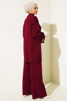 Fitilli Kol Kabartmalı Triko İkili Takım Bordo - Triko İkili Takım