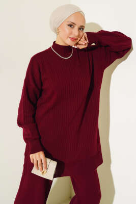 Fitilli Kol Kabartmalı Triko İkili Takım Bordo - Triko İkili Takım