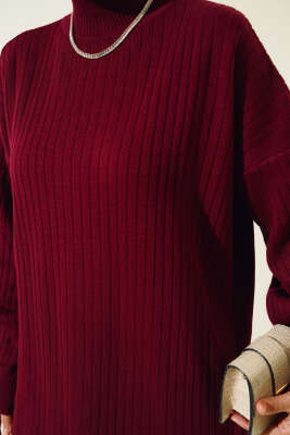 Fitilli Kol Kabartmalı Triko İkili Takım Bordo - Triko İkili Takım