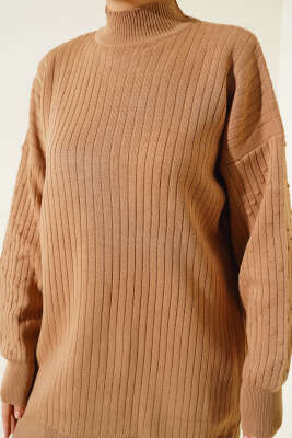 Fitilli Kol Kabartmalı Triko İkili Takım Büsküvi - Triko İkili Takım