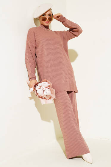 Fitilli Kol Kabartmalı Triko İkili Takım Gül Kurusu - İkili Takım