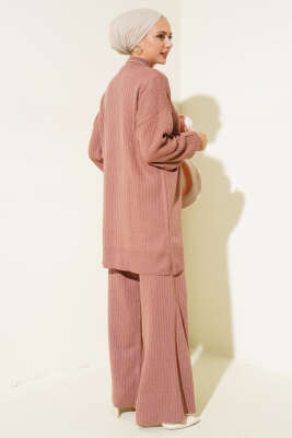 Fitilli Kol Kabartmalı Triko İkili Takım Gül Kurusu - Triko İkili Takım