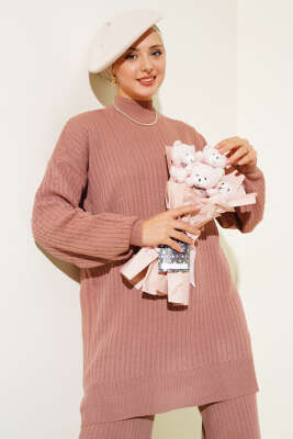 Fitilli Kol Kabartmalı Triko İkili Takım Gül Kurusu - Triko İkili Takım