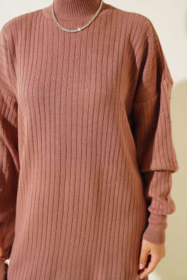 Fitilli Kol Kabartmalı Triko İkili Takım Gül Kurusu - Triko İkili Takım