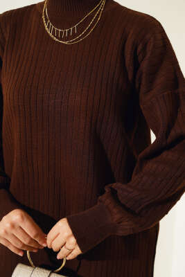 Fitilli Kol Kabartmalı Triko İkili Takım Kahve - Triko İkili Takım