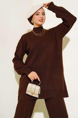 Fitilli Kol Kabartmalı Triko İkili Takım Kahve - Triko İkili Takım