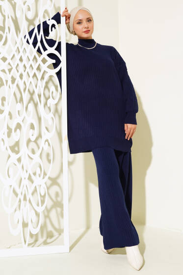 Fitilli Kol Kabartmalı Triko İkili Takım Lacivert - İkili Takım