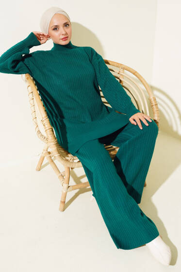 Fitilli Kol Kabartmalı Triko İkili Takım Nefti - İkili Takım