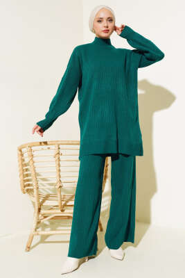 Fitilli Kol Kabartmalı Triko İkili Takım Nefti - Triko İkili Takım