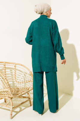 Fitilli Kol Kabartmalı Triko İkili Takım Nefti - Triko İkili Takım