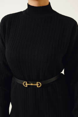 Fitilli Kol Kabartmalı Triko İkili Takım Siyah - Triko İkili Takım