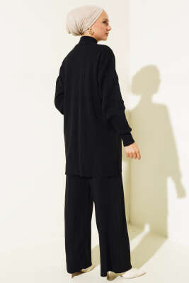 Fitilli Kol Kabartmalı Triko İkili Takım Siyah - Triko İkili Takım