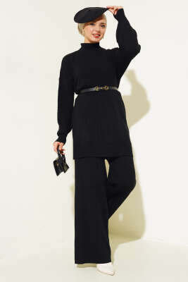 Fitilli Kol Kabartmalı Triko İkili Takım Siyah - Triko İkili Takım