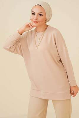 Fitilli Kumaş Düşük Omuz Tunik Bej 