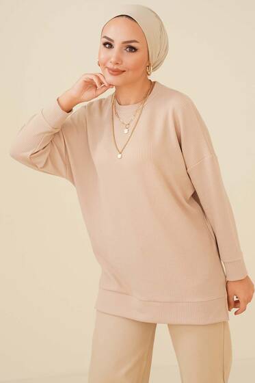 Fitilli Kumaş Düşük Omuz Tunik Bej - Tunik