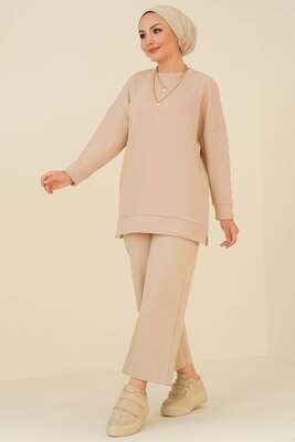 Fitilli Kumaş Düşük Omuz Tunik Bej - Tunik