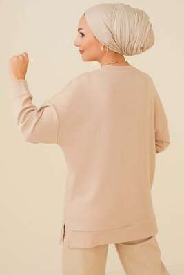Fitilli Kumaş Düşük Omuz Tunik Bej - Tunik