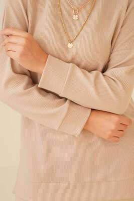 Fitilli Kumaş Düşük Omuz Tunik Bej - Tunik