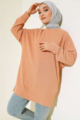 Fitilli Kumaş Düşük Omuz Tunik Camel - Tunik