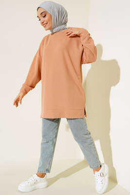 Fitilli Kumaş Düşük Omuz Tunik Camel - Tunik