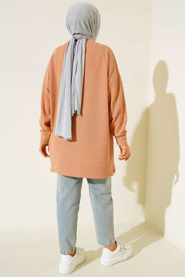 Fitilli Kumaş Düşük Omuz Tunik Camel - Tunik