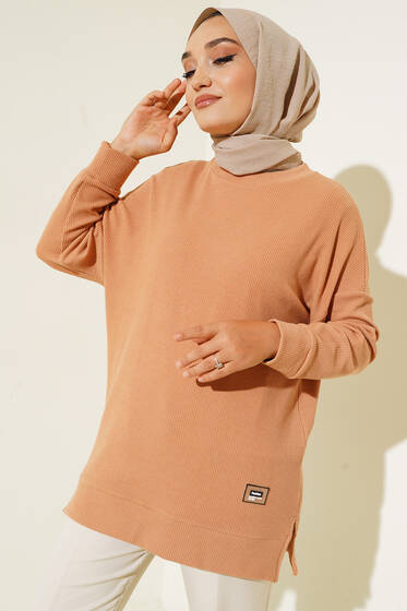 Fitilli Kumaş Düşük Omuz Tunik Taba - Tunik