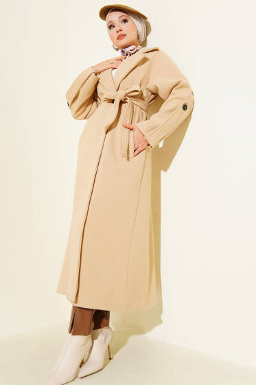 Fitilli Kuşaklı Kaşe Kaban Bej - Kaban