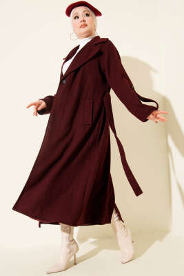 Fitilli Kuşaklı Kaşe Kaban Bordo 